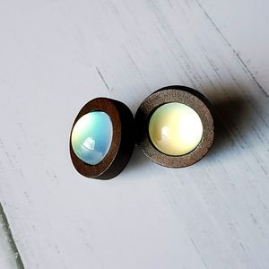 Wood and White Opal Stud Earrings